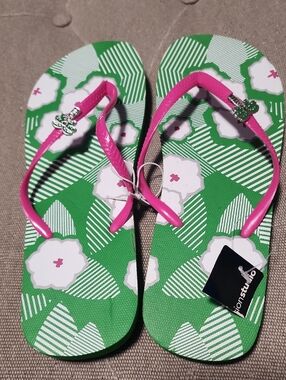 Fashion Studio Bright Pink-Strap Green Floral Flip Flops